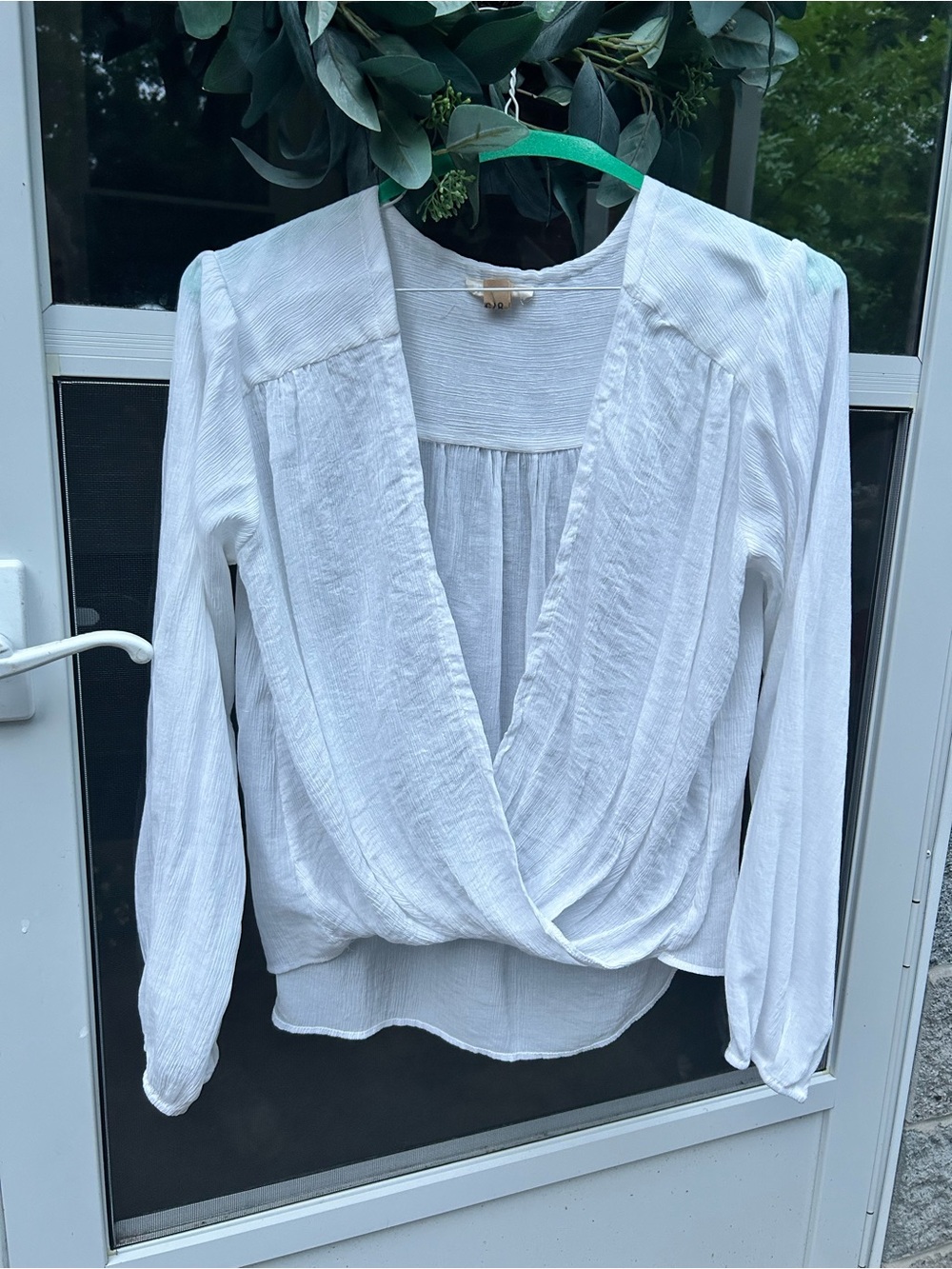 Women's White Long-Sleeve Surplice Layering Blouse, size Small